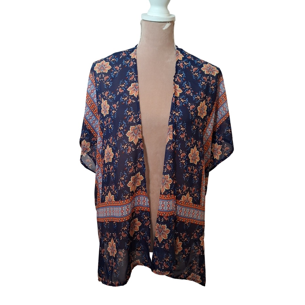 Love Tree Women Navy Blue Floral Boho Chiffon Kimono Cardigan Size Large